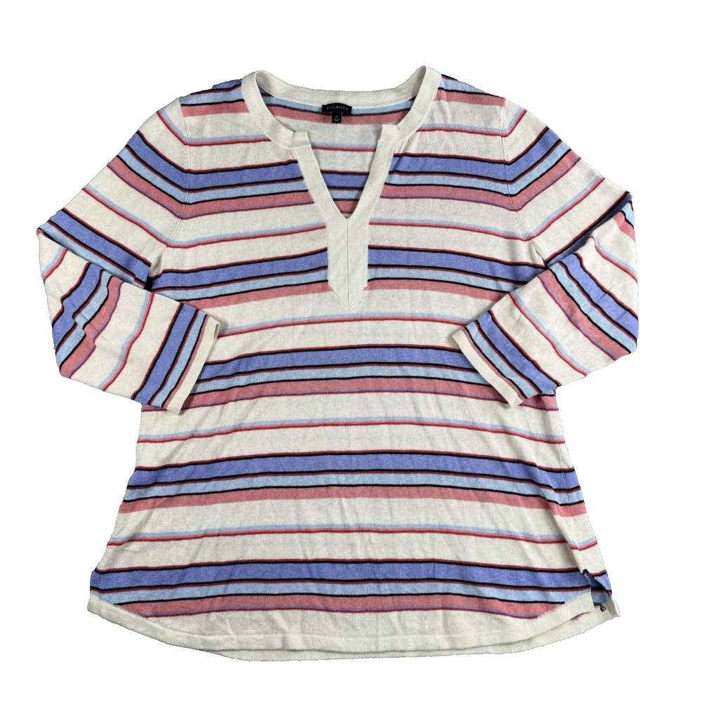 Talbots Sweater Womens M Striped V Neck Linen‎ Blend Lightweight Coastal Classic